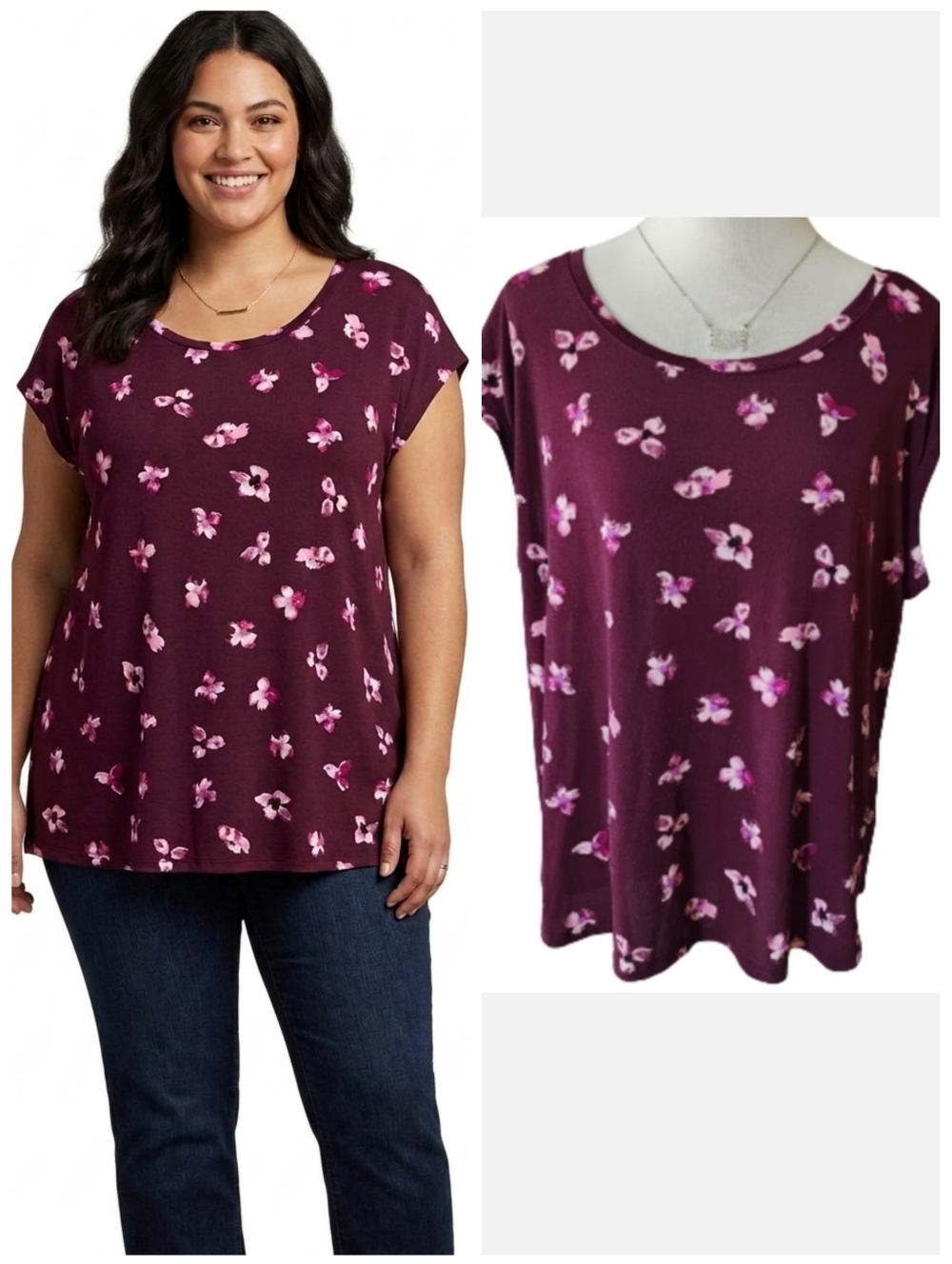 Elle plus size burgundy floral short sleeve blouse Women's plus size XXL